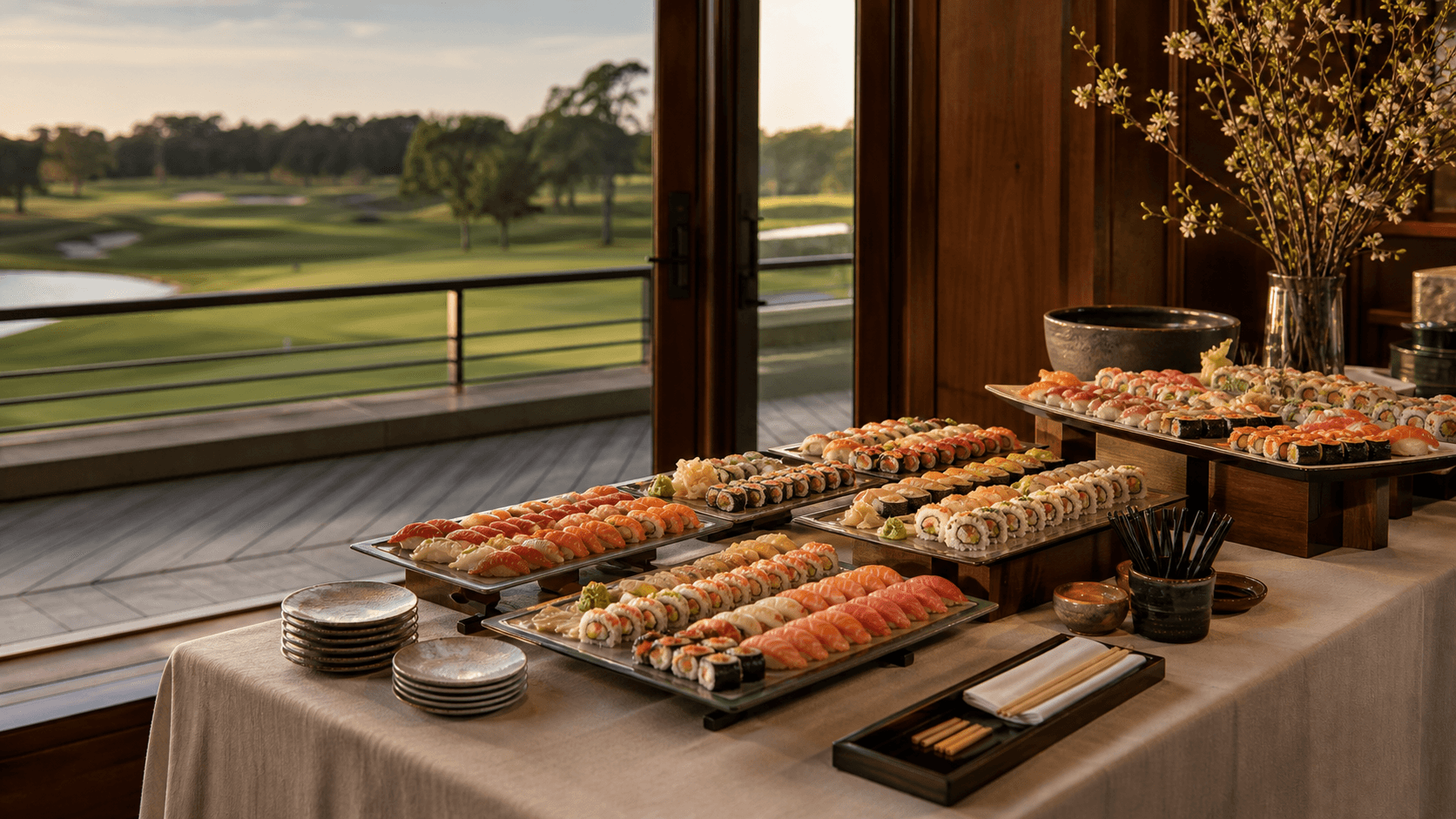 Elegant Louisville sushi catering spread at a golf club event