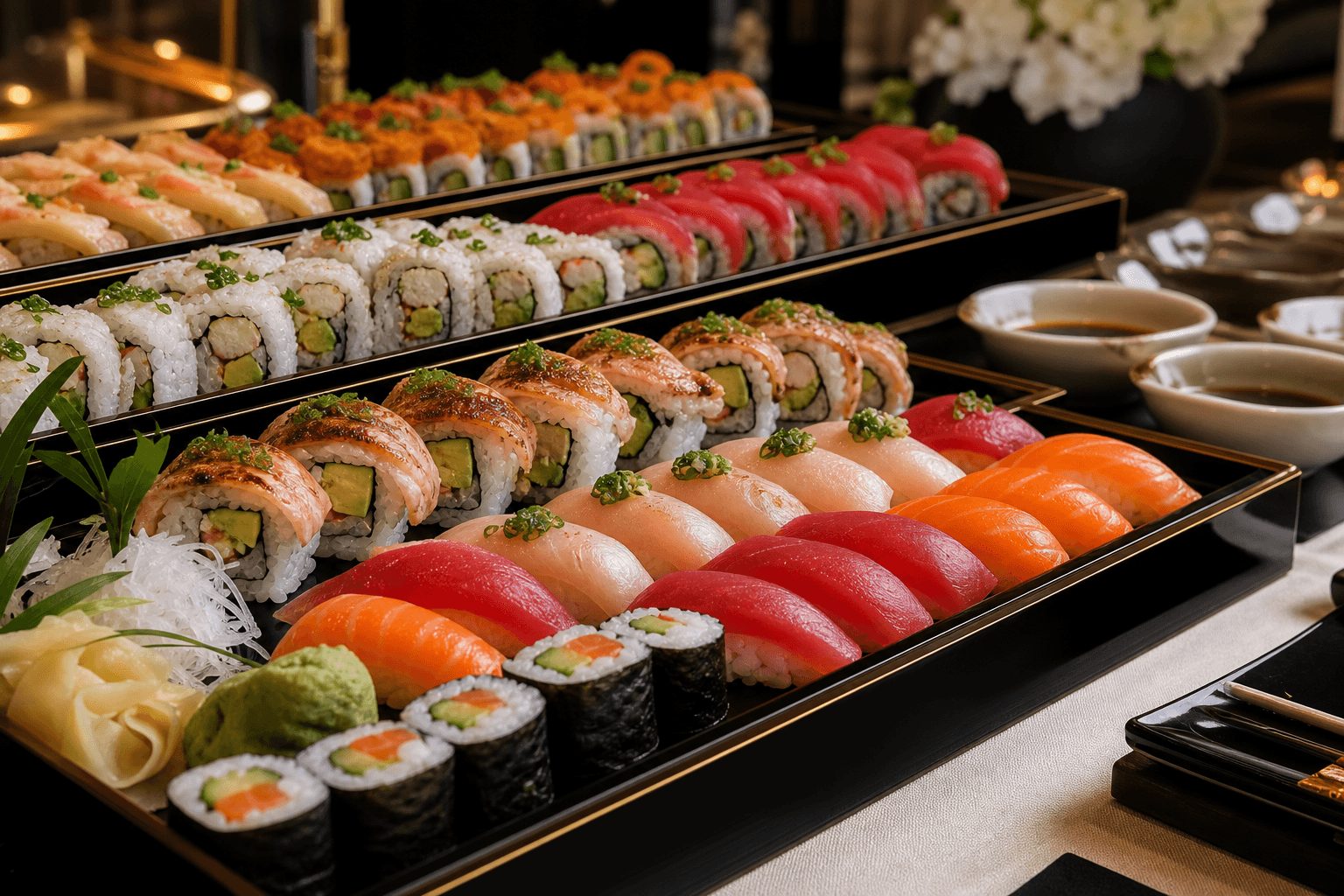 Premium sushi platter detail with nigiri, rolls, garnish, and black lacquer trays