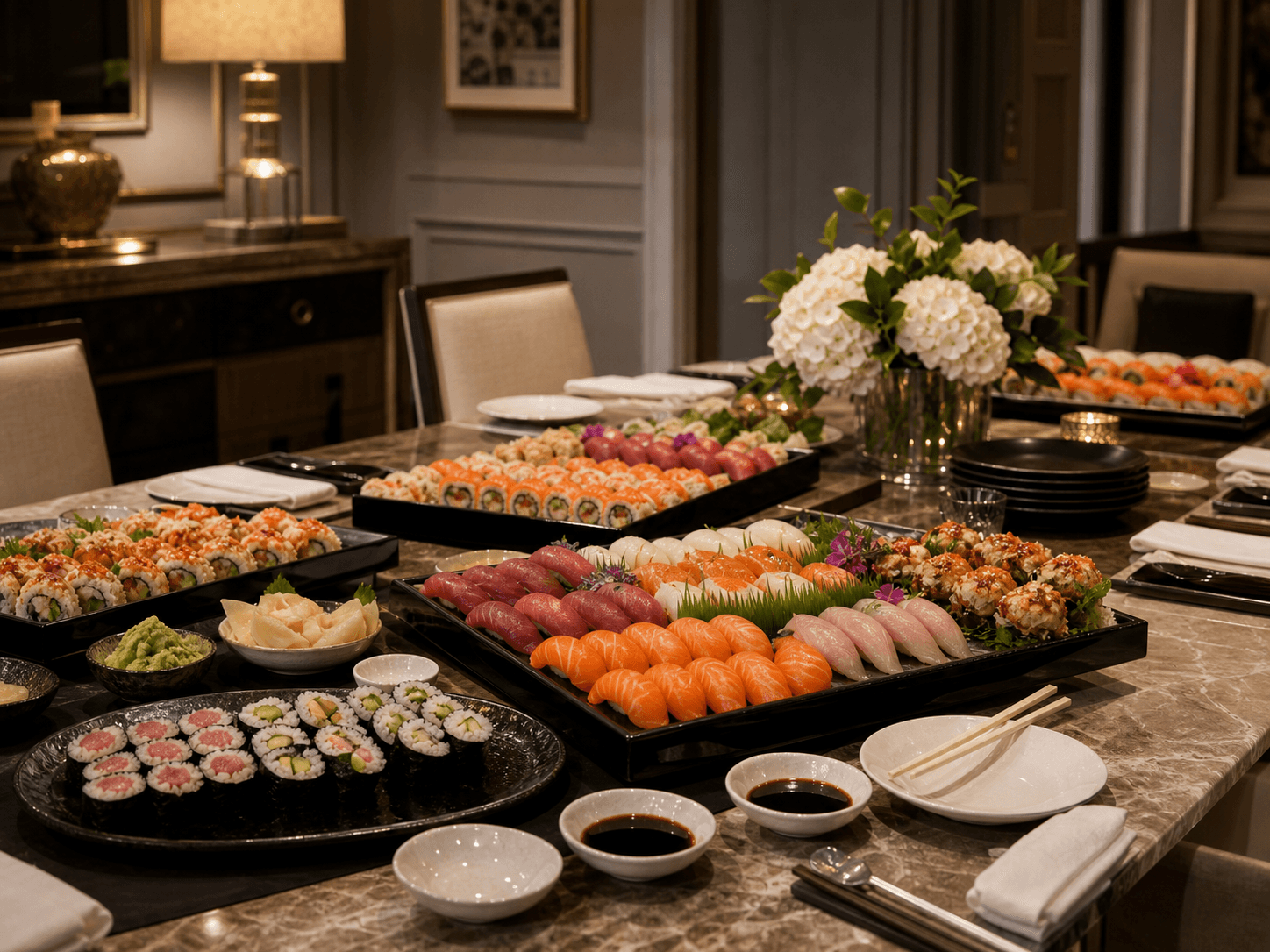 Generous sushi catering spread in an elegant private home dining room