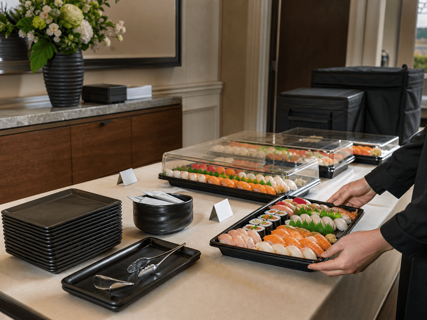 Polished drop-off sushi catering setup with trays and service pieces